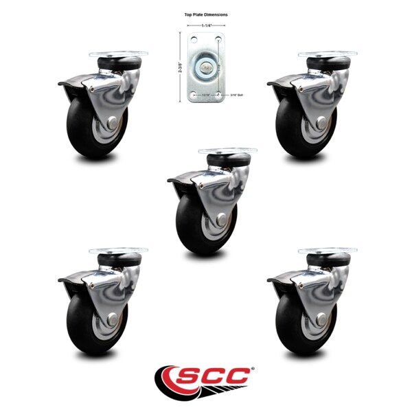 3 Inch Bright Chrome Hooded Neoprene Rubber Top Plate Casters with Brake, 5PK